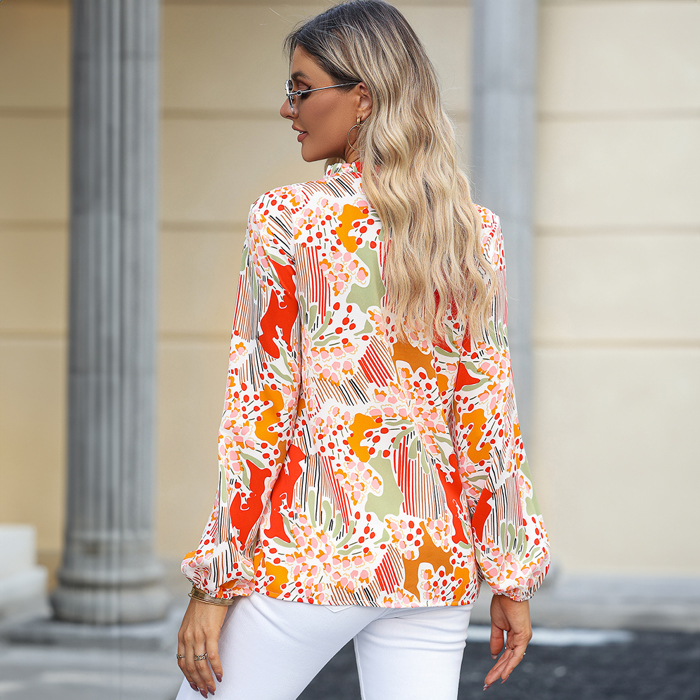 Orange Printed Split V Neck Puff Sleeve Blouse