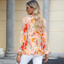  Orange Printed Split V Neck Puff Sleeve Blouse