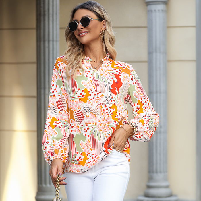 Orange Printed Split V Neck Puff Sleeve Blouse