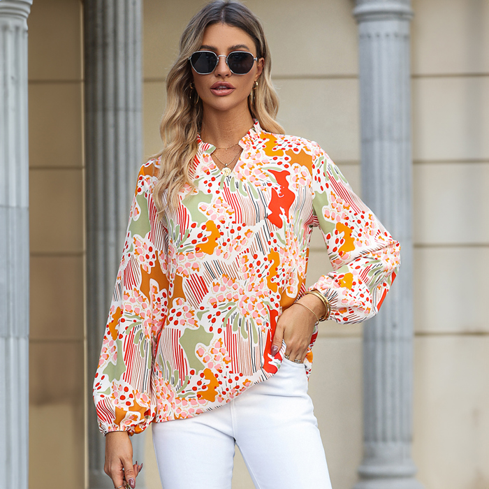 Orange Printed Split V Neck Puff Sleeve Blouse