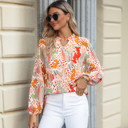  Orange Printed Split V Neck Puff Sleeve Blouse