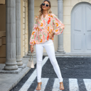  Orange Printed Split V Neck Puff Sleeve Blouse