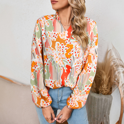 Orange Printed Split V Neck Puff Sleeve Blouse