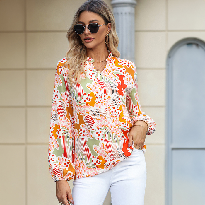 Orange Printed Split V Neck Puff Sleeve Blouse