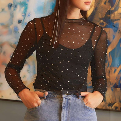 Black Rhinestone Sheer Mesh Slim Fit Long Sleeve Top