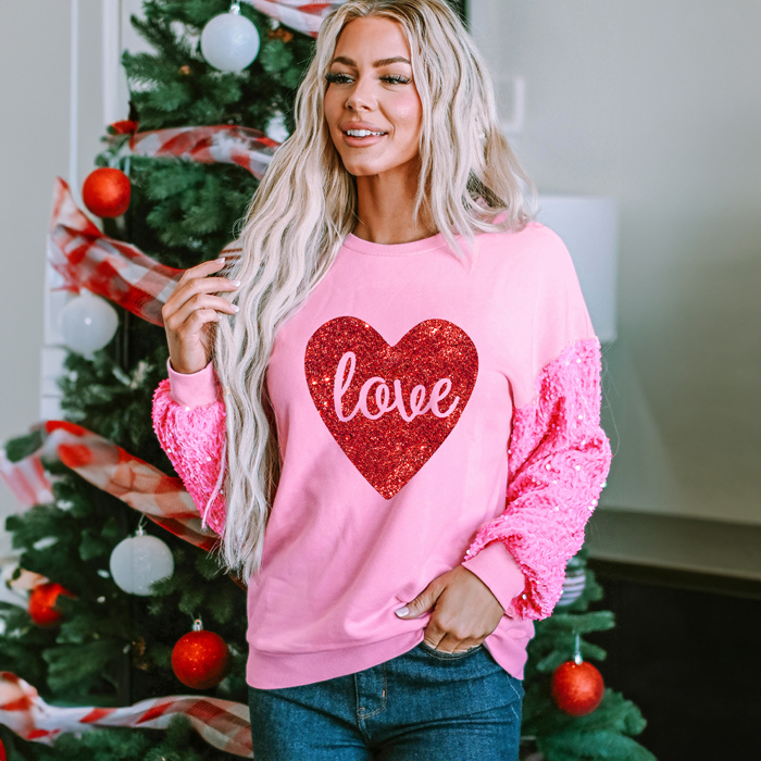 Pink Shiny Heart Shape love Print Sequined Sleeve Sweatshirt