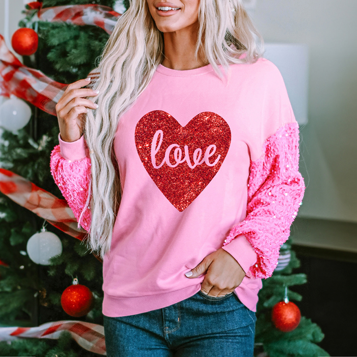 Pink Shiny Heart Shape love Print Sequined Sleeve Sweatshirt