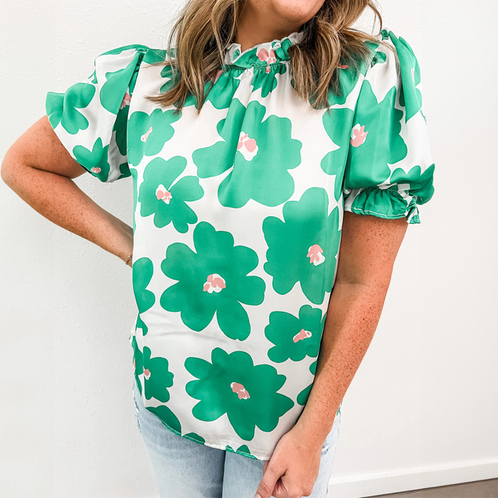 Green Floral Puff Sleeve Frill Neckline Blouse