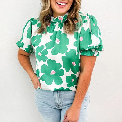 Green Floral Puff Sleeve Frill Neckline Blouse