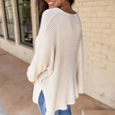  White Waffle Knit Side Slits Loose Fit V Neck Top