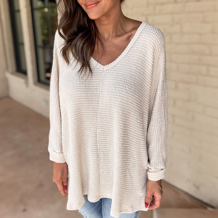 White Waffle Knit Side Slits Loose Fit V Neck Top