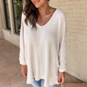  White Waffle Knit Side Slits Loose Fit V Neck Top