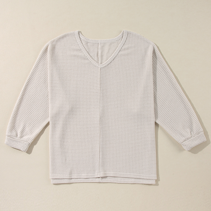 White Waffle Knit Side Slits Loose Fit V Neck Top