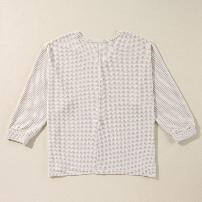 White Waffle Knit Side Slits Loose Fit V Neck Top