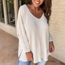  White Waffle Knit Side Slits Loose Fit V Neck Top