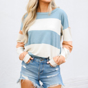  Colorblock Striped Drop Shoulder Long Sleeve Top