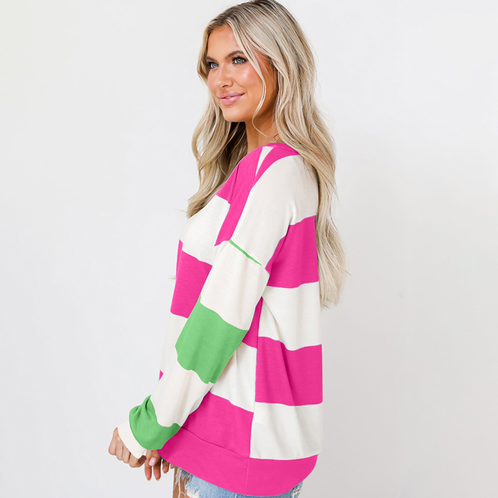 Colorblock Striped Drop Shoulder Long Sleeve Top