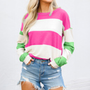  Colorblock Striped Drop Shoulder Long Sleeve Top