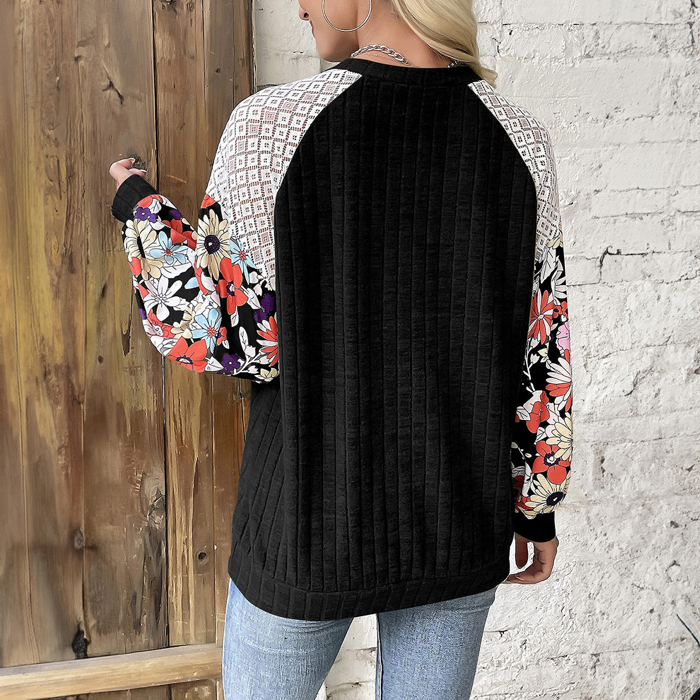 Floral Patchwork Long Sleeve Ribbed Blouse