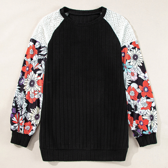 Floral Patchwork Long Sleeve Ribbed Blouse