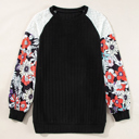  Floral Patchwork Long Sleeve Ribbed Blouse