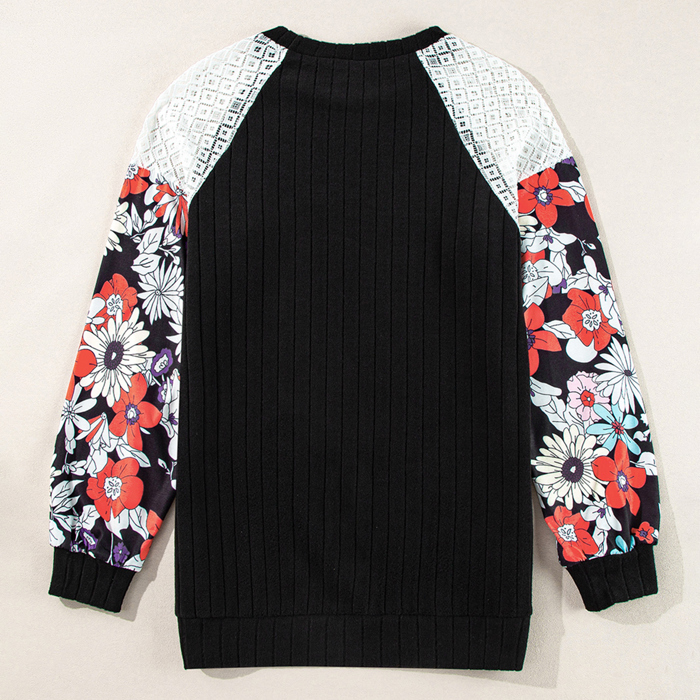 Floral Patchwork Long Sleeve Ribbed Blouse