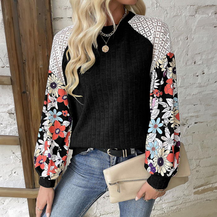 Floral Patchwork Long Sleeve Ribbed Blouse