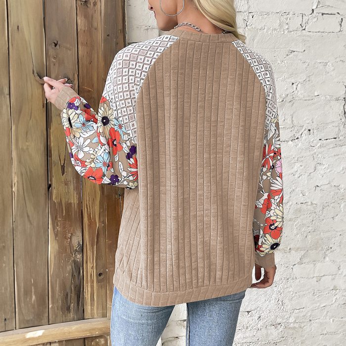 Floral Patchwork Long Sleeve Ribbed Blouse