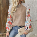  Floral Patchwork Long Sleeve Ribbed Blouse