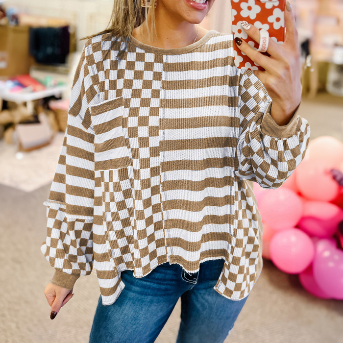 Checkerboard Striped Patchwork Lantern Sleeve Pocketed Blouse