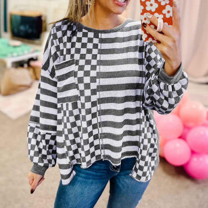 Checkerboard Striped Patchwork Lantern Sleeve Pocketed Blouse