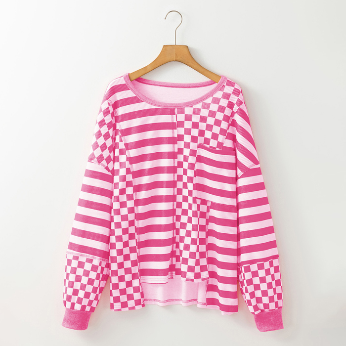 Checkerboard Striped Patchwork Lantern Sleeve Pocketed Blouse