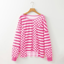  Checkerboard Striped Patchwork Lantern Sleeve Pocketed Blouse