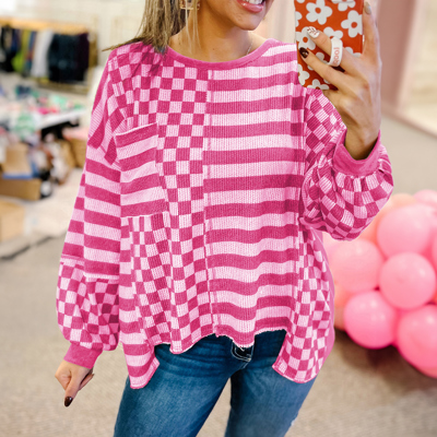 Checkerboard Striped Patchwork Lantern Sleeve Pocketed Blouse