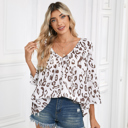  Leopard Print Ruched V Neck 3/4 Sleeve Blouse