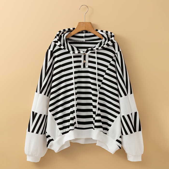 Black white Oversized Striped Henley Buttons Dolman Sleeve Hooded Top