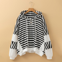  Black white Oversized Striped Henley Buttons Dolman Sleeve Hooded Top