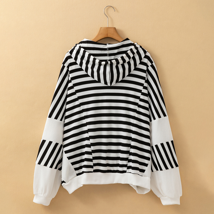 Black white Oversized Striped Henley Buttons Dolman Sleeve Hooded Top