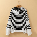  Black white Oversized Striped Henley Buttons Dolman Sleeve Hooded Top