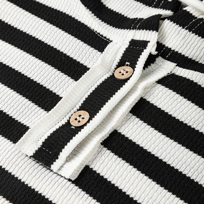 Black white Oversized Striped Henley Buttons Dolman Sleeve Hooded Top