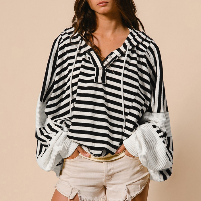 Black white Oversized Striped Henley Buttons Dolman Sleeve Hooded Top