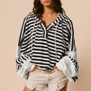  Black white Oversized Striped Henley Buttons Dolman Sleeve Hooded Top