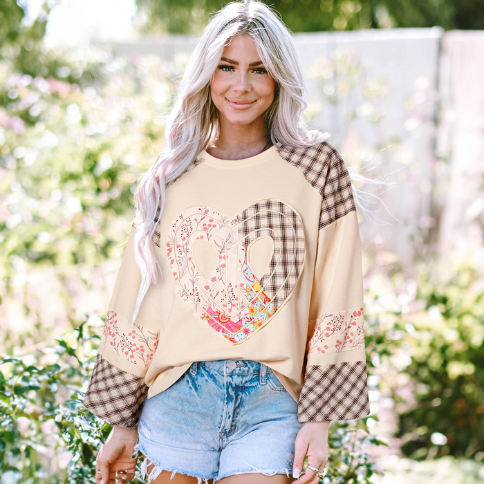 Plaid Floral Peace Heart Graphic Wide Long Sleeve Top