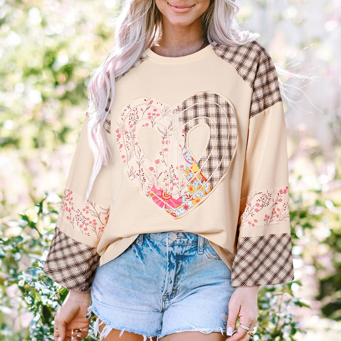 Plaid Floral Peace Heart Graphic Wide Long Sleeve Top