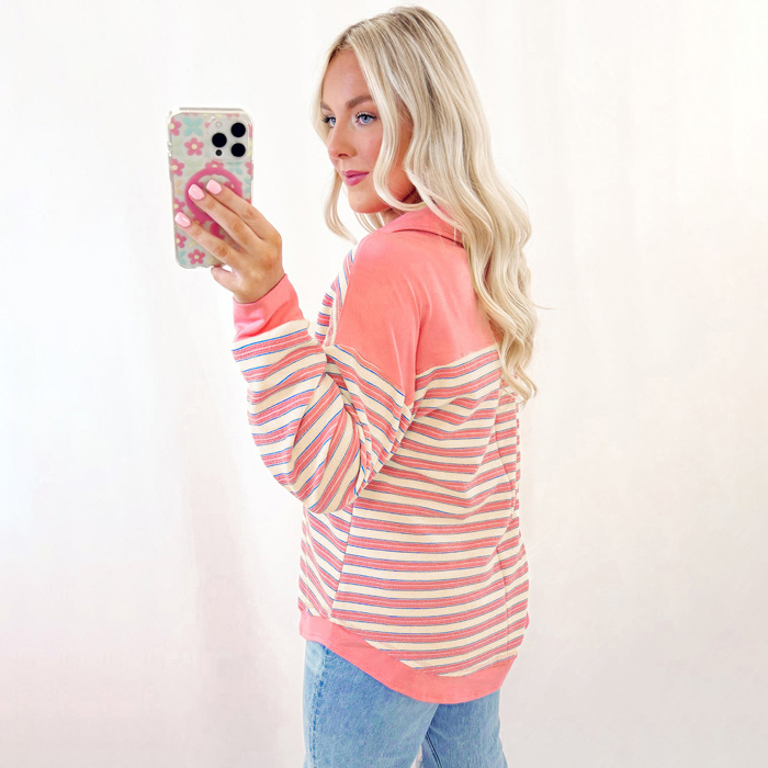 Stripe Buttoned V Neck Collared Drop Shoulder Top