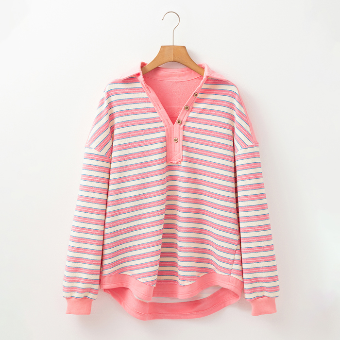 Stripe Buttoned V Neck Collared Drop Shoulder Top