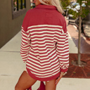  Stripe Buttoned V Neck Collared Drop Shoulder Top