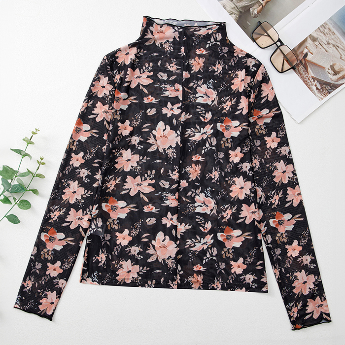 Black Floral Mesh Mock Neck Long Sleeve Slim Fit Top