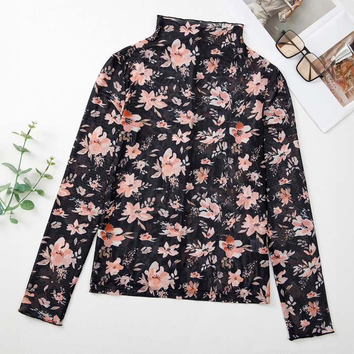 Black Floral Mesh Mock Neck Long Sleeve Slim Fit Top