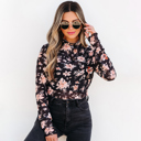  Black Floral Mesh Mock Neck Long Sleeve Slim Fit Top